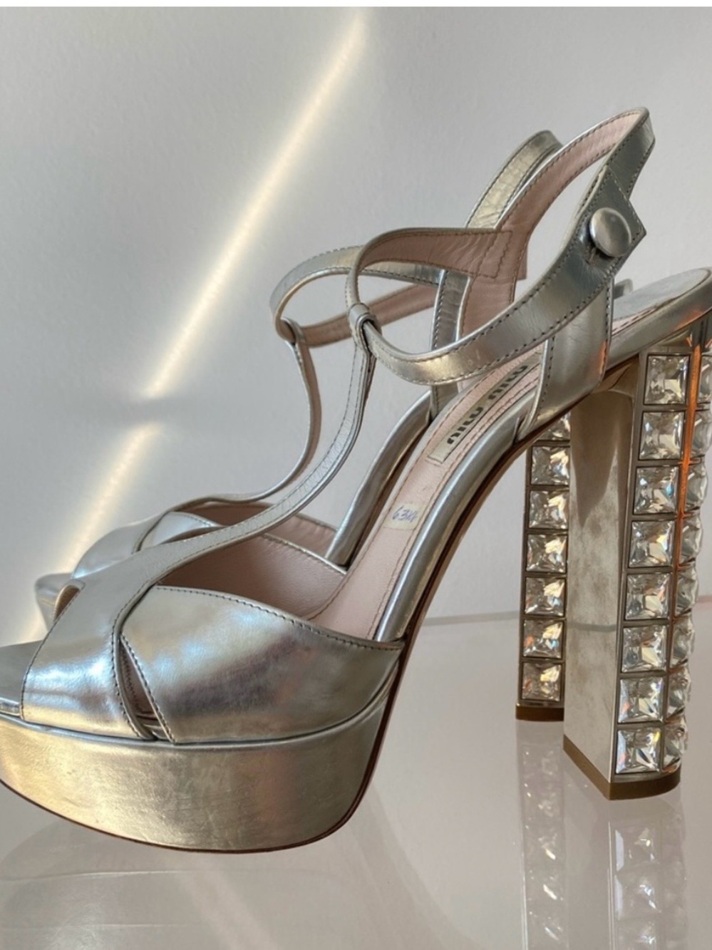 Miu Miu Metallic Silver T-Strap Platform Heels Jewel Crystal Heel 37.5